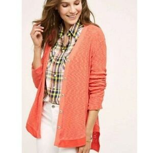 Left Of Center Evie Cardigan Coral Hi-Lo Hem Cotton Button Front Long Sweater S